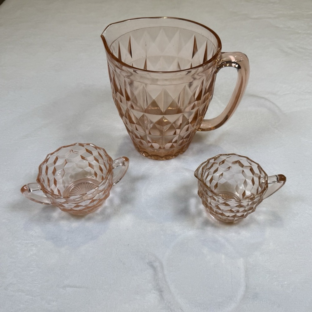 Vintage Jeannette Windsor Pink Depression Glass Pitcher Creamer Sugar Set 3pc
